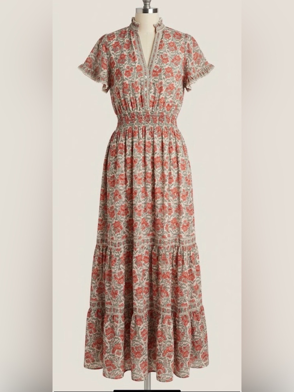 Max Studio Coral and Cream Floral Maxi Dress